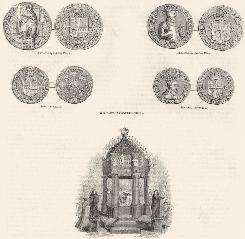 JAMES I. 15, 30 shillings; Sovereign; lying in State 1845 old antique print